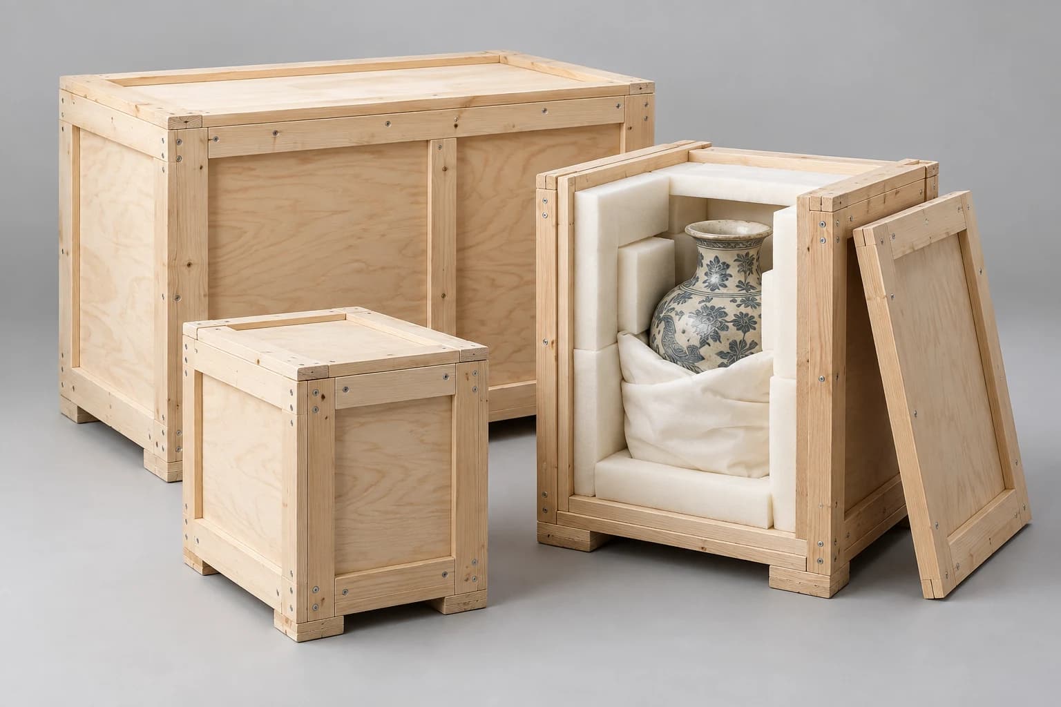 Three made-to-measure wooden crates; the open one holds an antique vase in a fitted foam lining